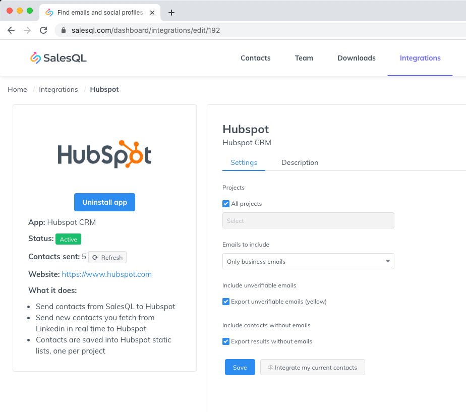 Hubspot native integration from SalesQL