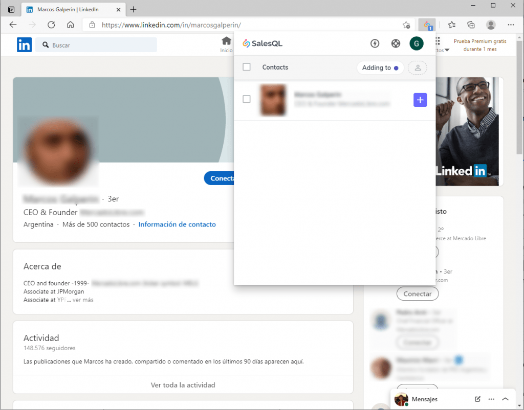 Adding the first contact from LinkedIn to SalesQL