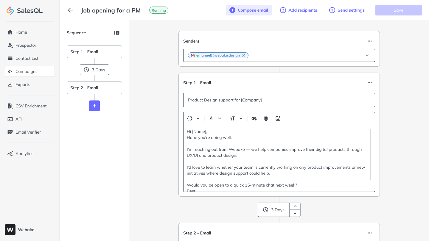 SalesQL Campaigns — membangun urutan email cold di editor compose