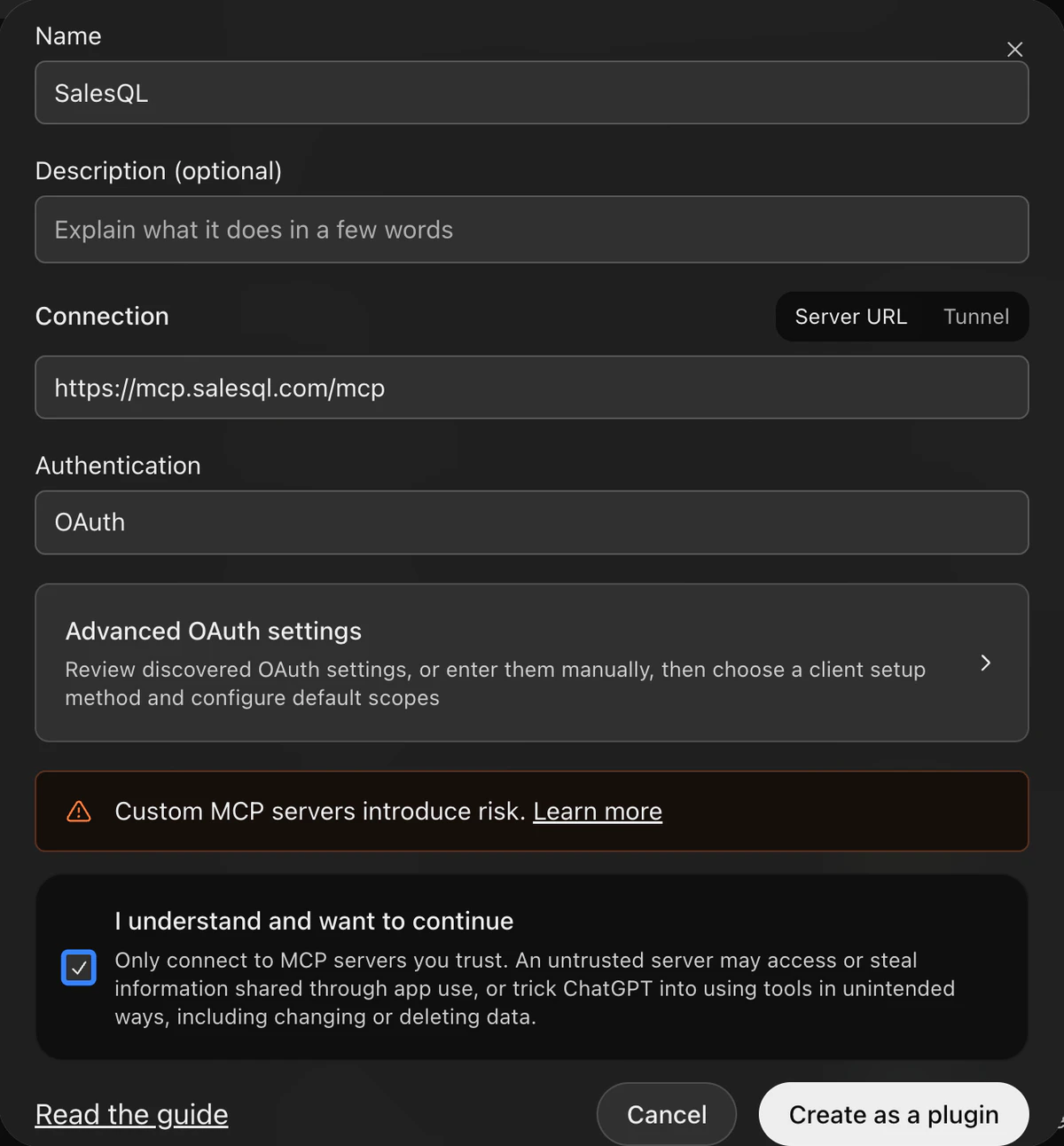 ChatGPT’s custom MCP server form: name SalesQL, server URL https://mcp.salesql.com/mcp, authentication OAuth, and the I understand and want to continue box ticked above Create as a plugin.