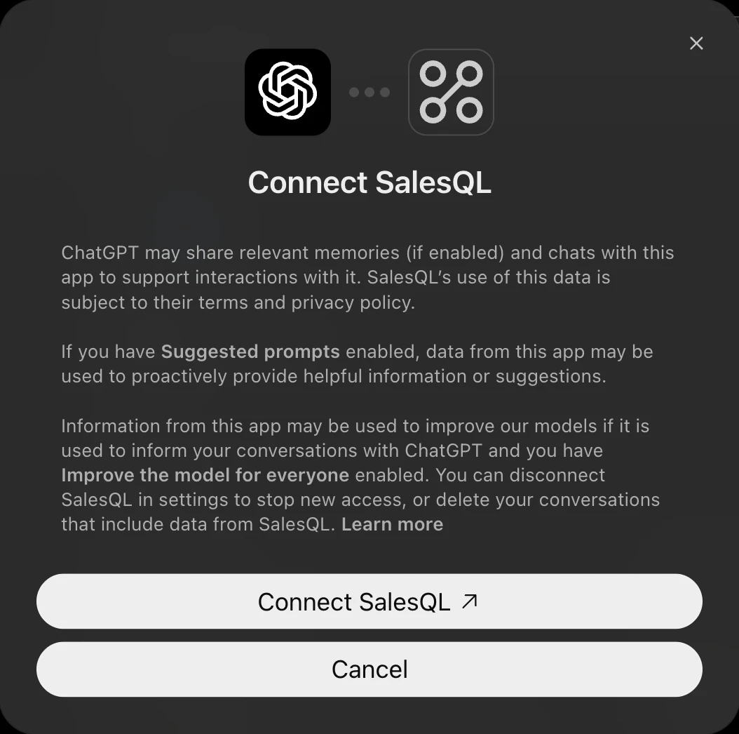 ChatGPT’s Connect SalesQL dialog explaining how the app’s data is used, with a Connect SalesQL button.