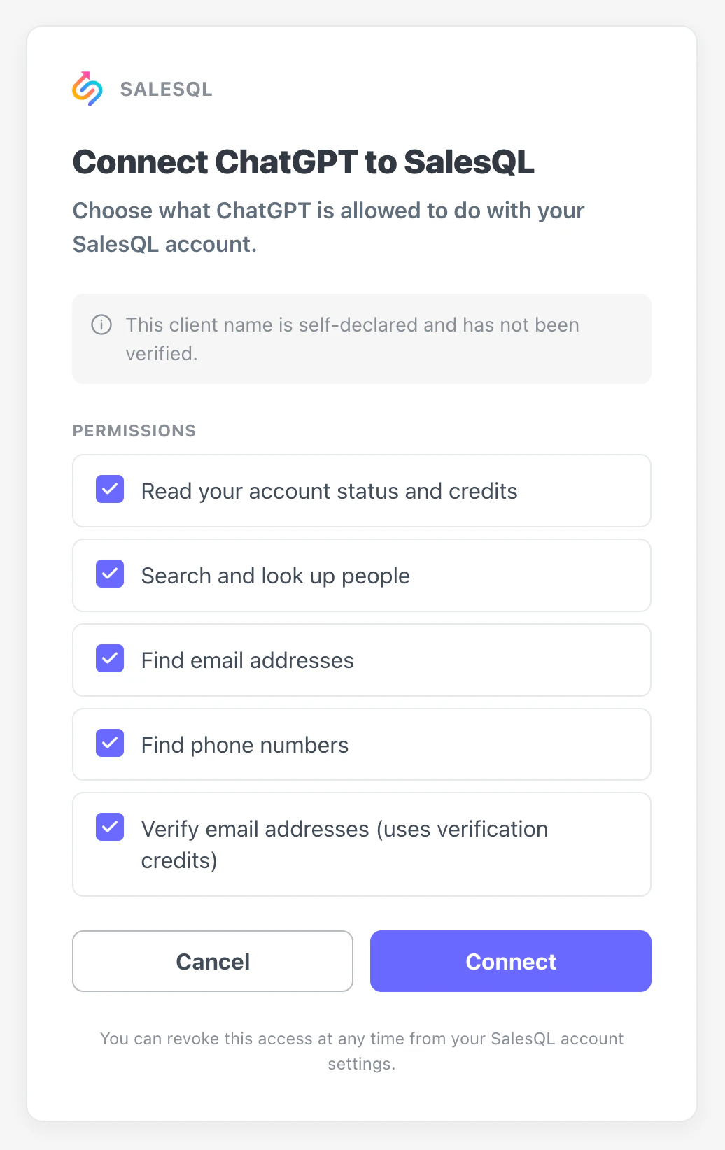The SalesQL consent screen titled Connect ChatGPT to SalesQL, with five permissions checked and a Connect button.