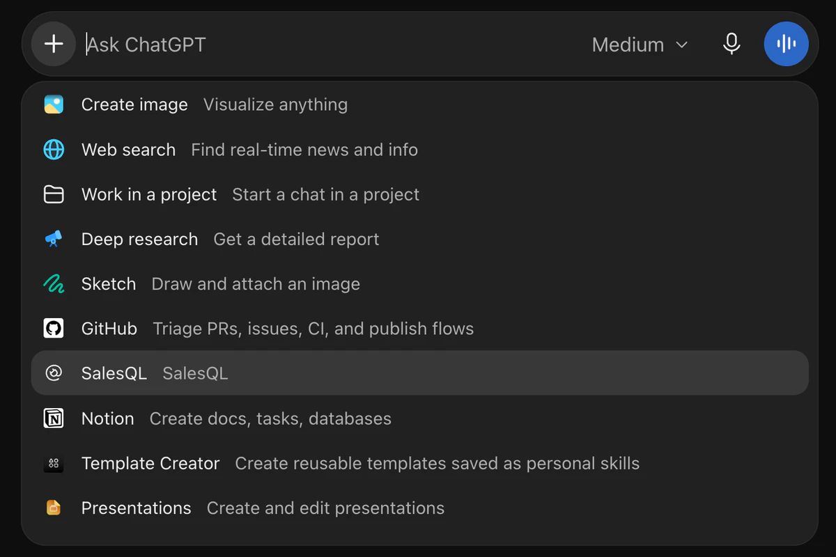 The ChatGPT composer with the tool picker open and SalesQL highlighted among the available apps.
