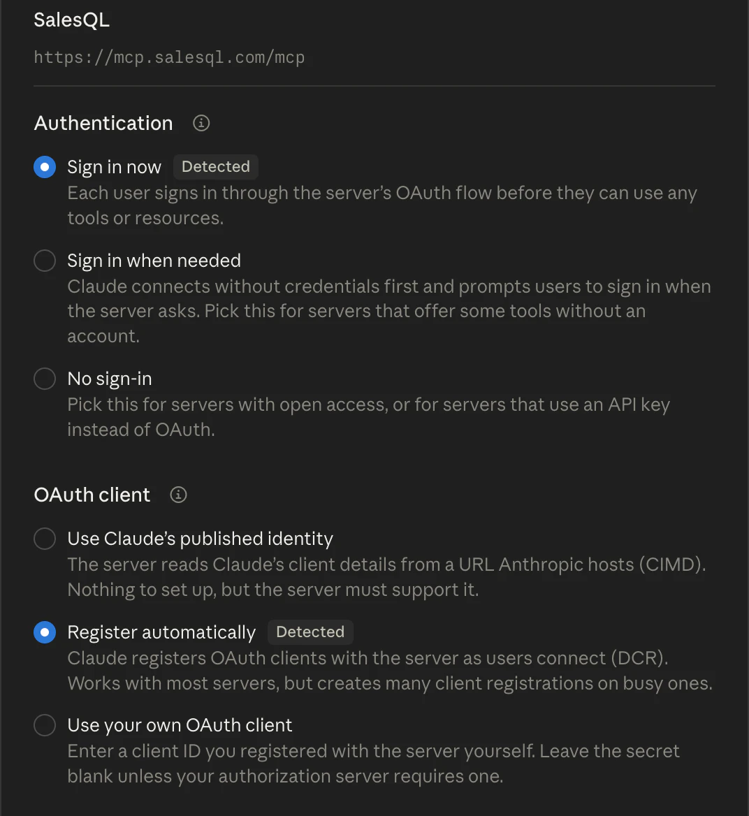 The connector’s sign-in settings in Claude: Authentication set to Sign in now and OAuth client set to Register automatically, both marked Detected.