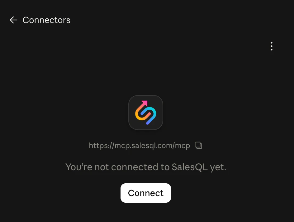 The SalesQL connector page in Claude, reading “You’re not connected to SalesQL yet”, with a Connect button.