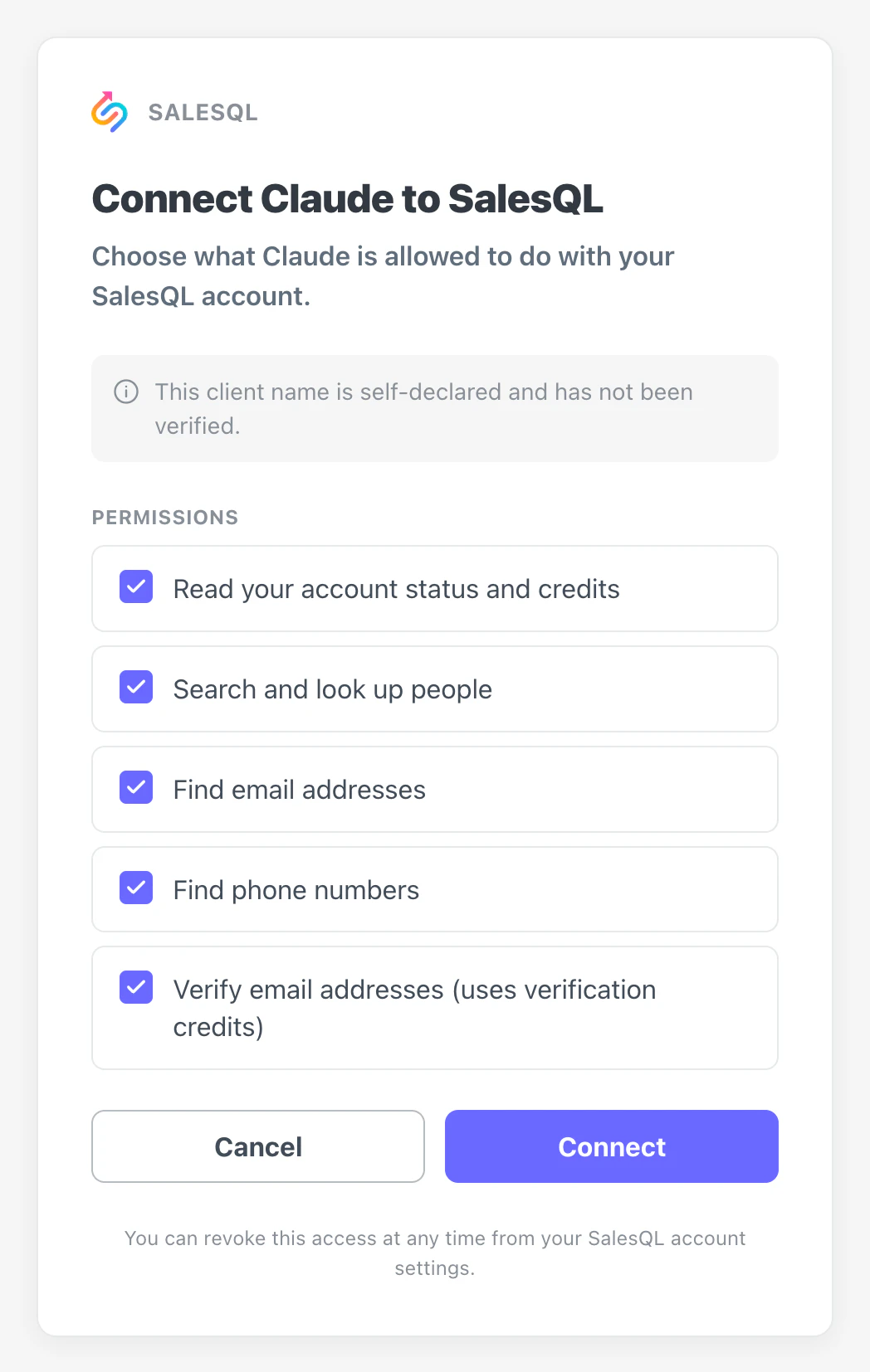 The SalesQL consent screen titled Connect Claude to SalesQL, with five permissions checked — account status, people search, emails, phones and email verification — and a Connect button.