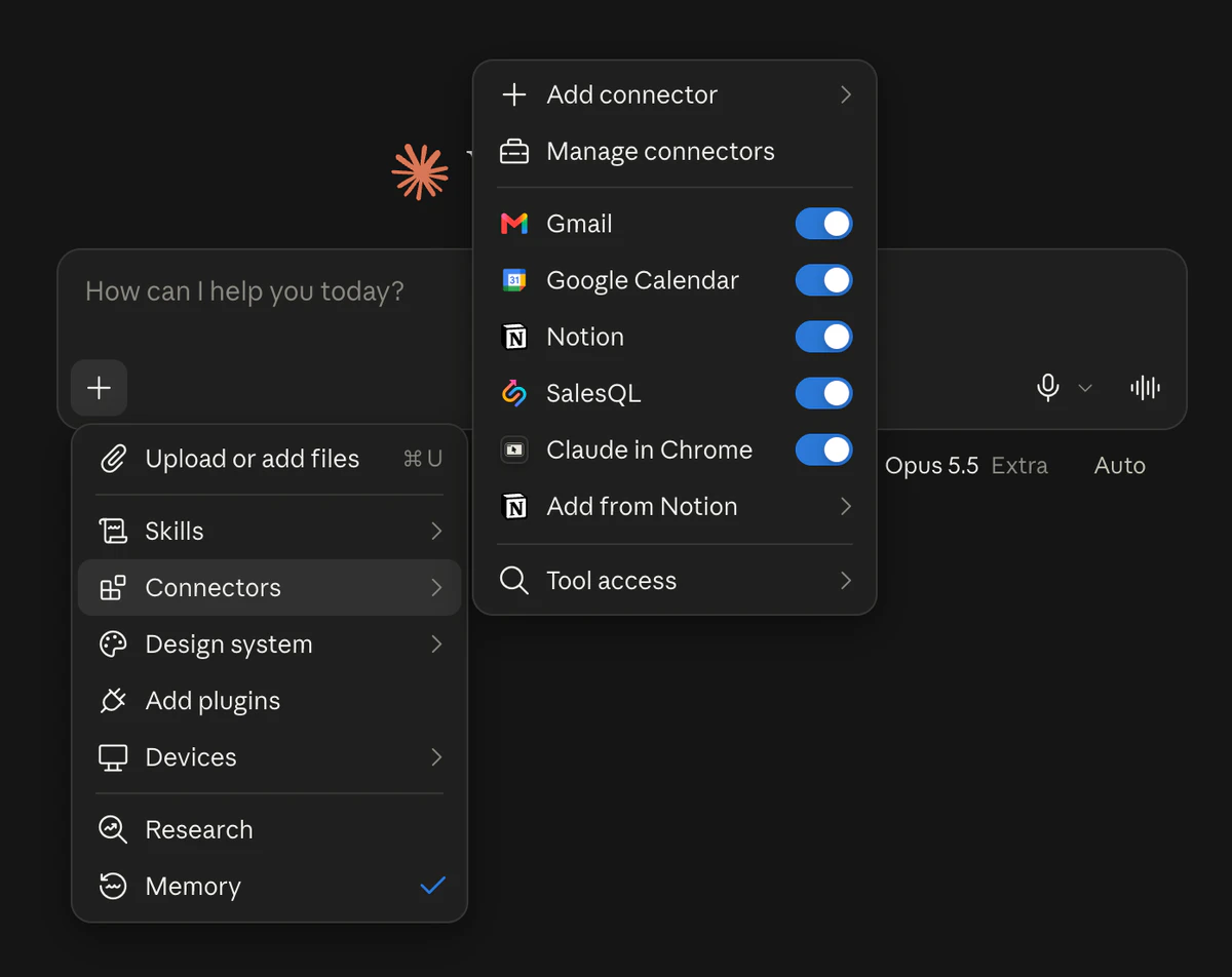 Claude’s + menu open on Connectors, with the SalesQL toggle switched on.