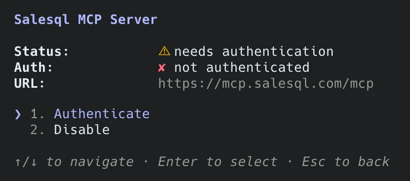 Claude Code’s /mcp panel for the salesql server: status needs authentication, URL https://mcp.salesql.com/mcp, and the Authenticate option selected.