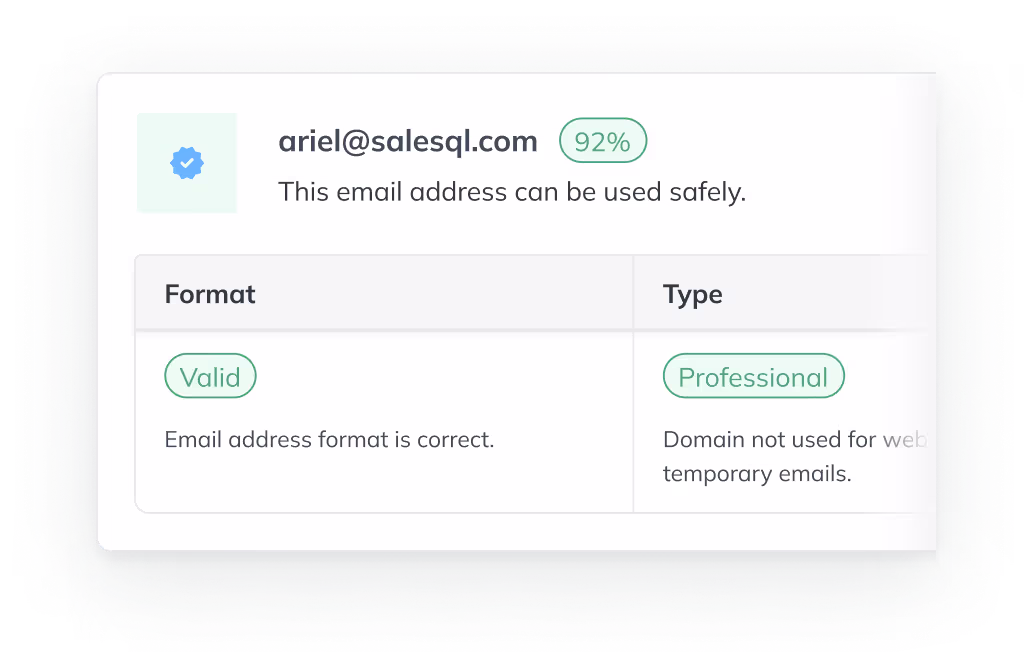 Email verification result showing a valid 92% score
