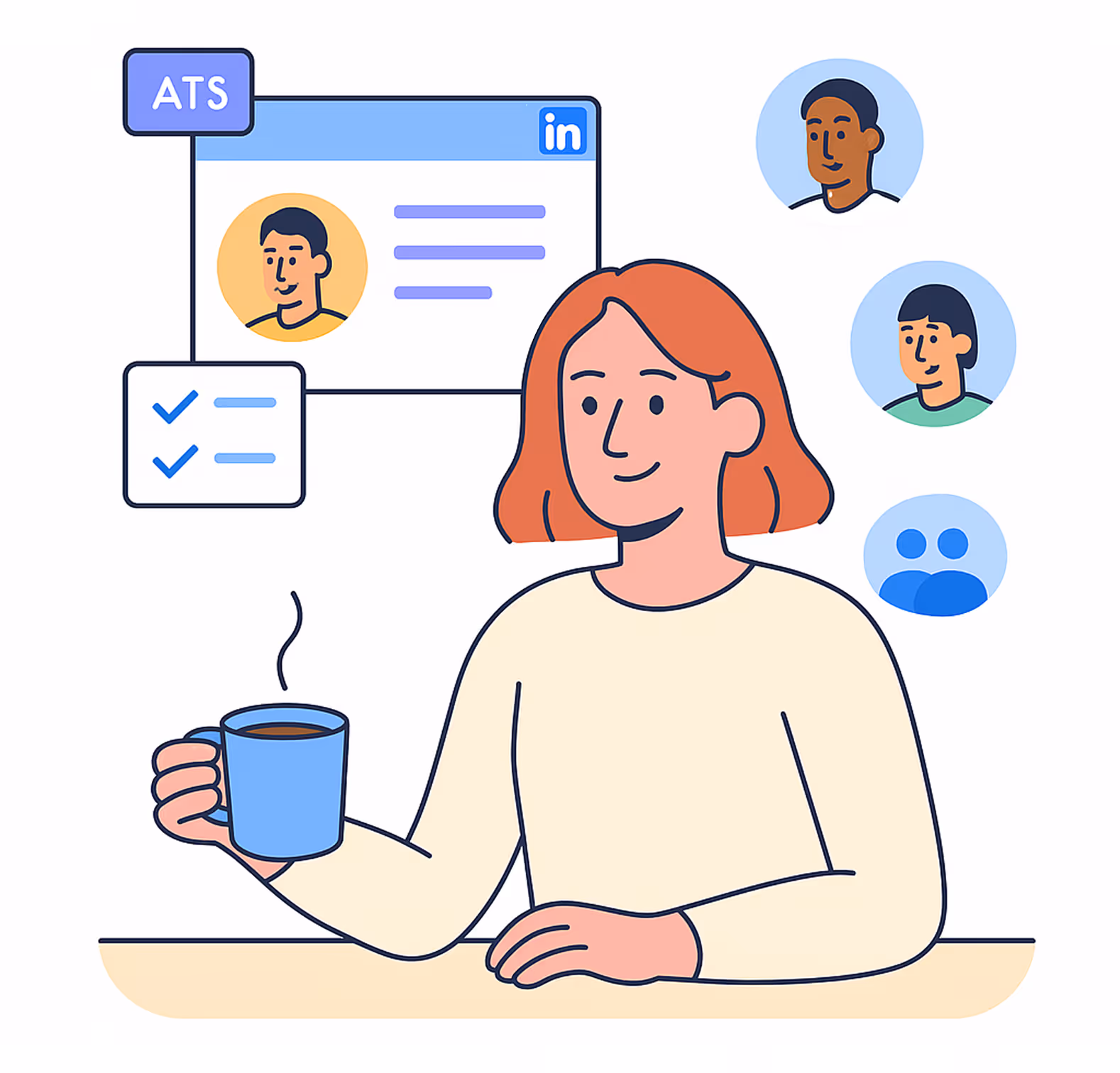 Illustration of a woman holding a coffee mug, with icons representing ATS software, LinkedIn profile, and candidate avatars around her.